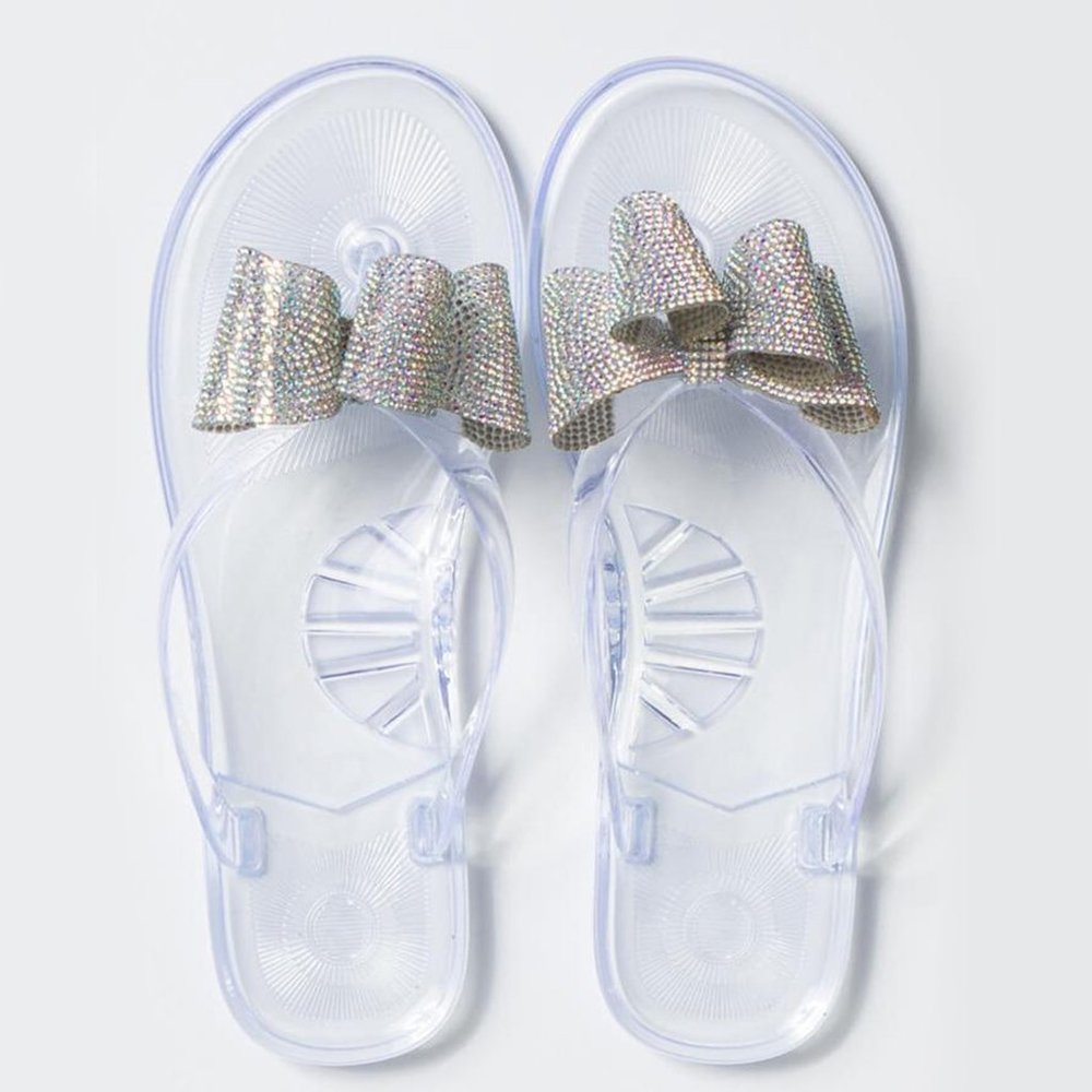 NEW🔥Transparent Clear Rhinestone Bow Thong Open Toe Slide Flat Sandal Flip Flop - Picture 2 of 8